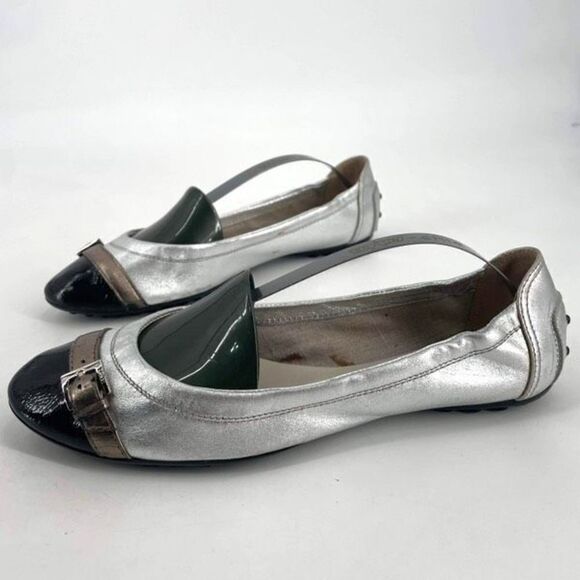 Tod's Womens Leather Round Toe Slip-On Ballet Flats Shoes Silver Black Size 38.5 - Picture 2 of 10
